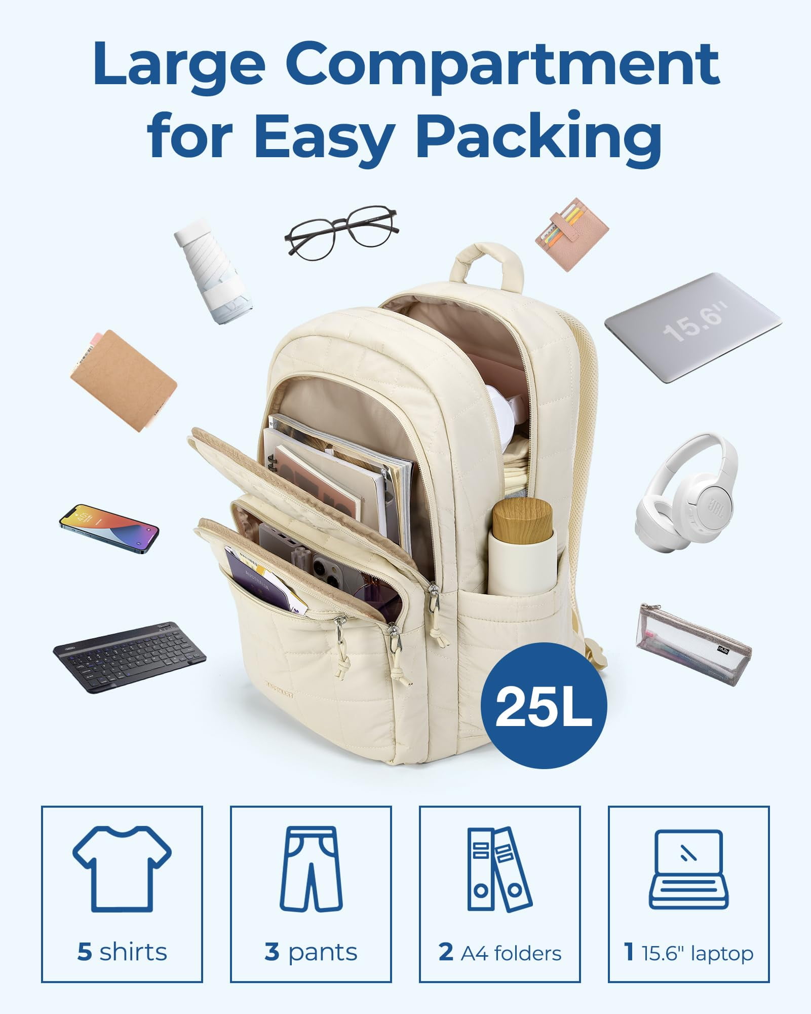 BAGSMART College Backpack, Lightweight Bookbag with 15.6 inch Laptop Compartment, Fashion Daypack for Casual Work Commuter, Cream