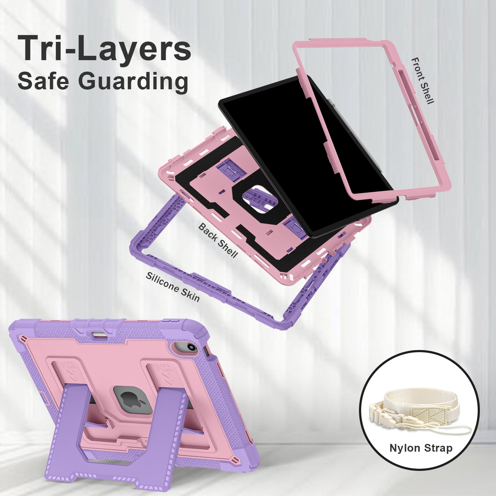 Rugged Case for Apple iPad Air 13 Inch M4 M3 M2 2026/2025/2024, Heavy Duty Tablet Case with Kickstand, Pencil Holder & Detachable Shoulder Strap, Purple+Gold