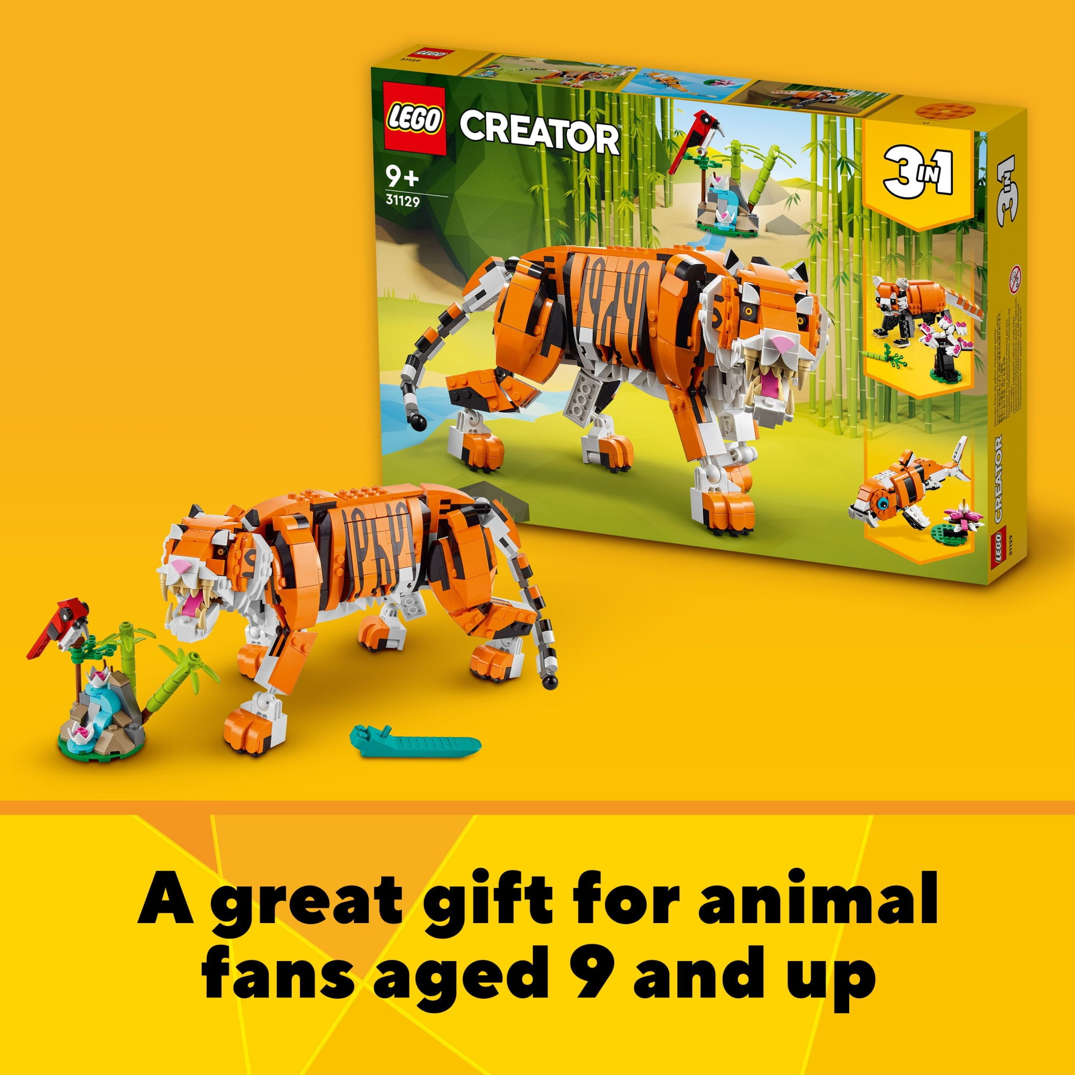 LEGO Creator 3 in 1 Majestic Tiger Building Toy - Build & Display Set for Kids, Girls & Boys, Ages 9+ - Birthday Gift Idea - Create a Tiger, Panda, or Koi Fish - 31129