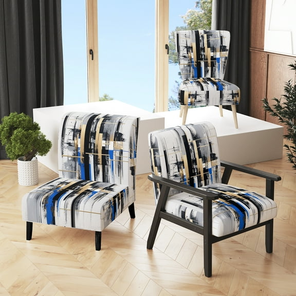Designart "Bold Stripes in Blue and Gold II" Blue Cubism Upholstered Accent Chair - Modern Arm Chair For Living Room
