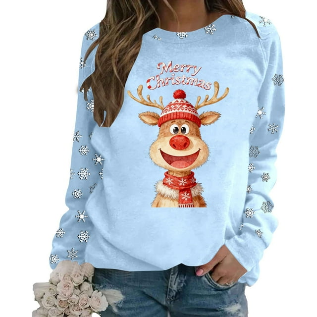 Chandail en Molleton pour Femmes Chandail Tendance de Noël Col Rond Manches Longues Haut Athlétique Mode Automne