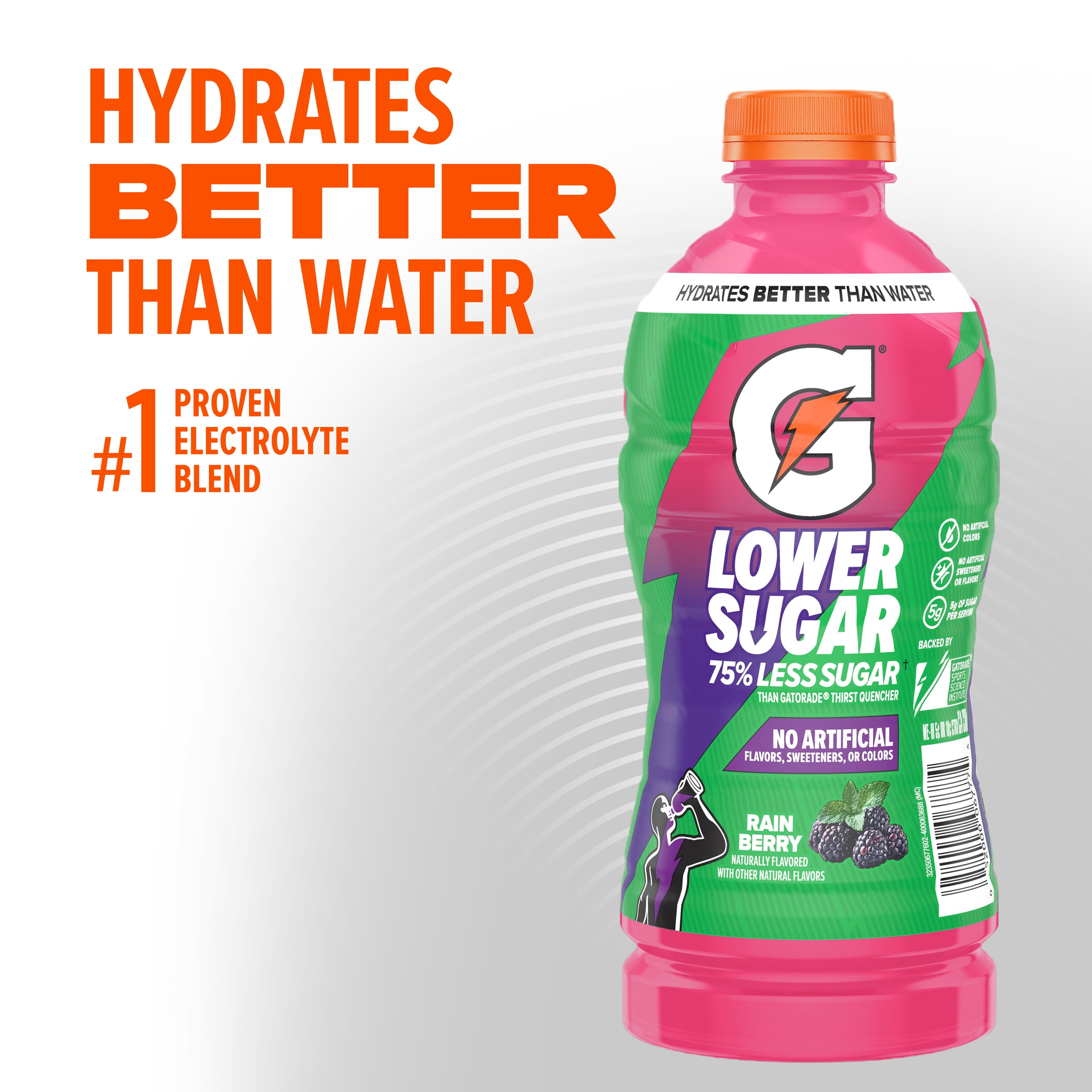 Gatorade Lower Sugar, No Artificials Rain Berry Flavored Electrolyte Sports Drink, 28 fl oz, 75% Less Sugar, Hydration