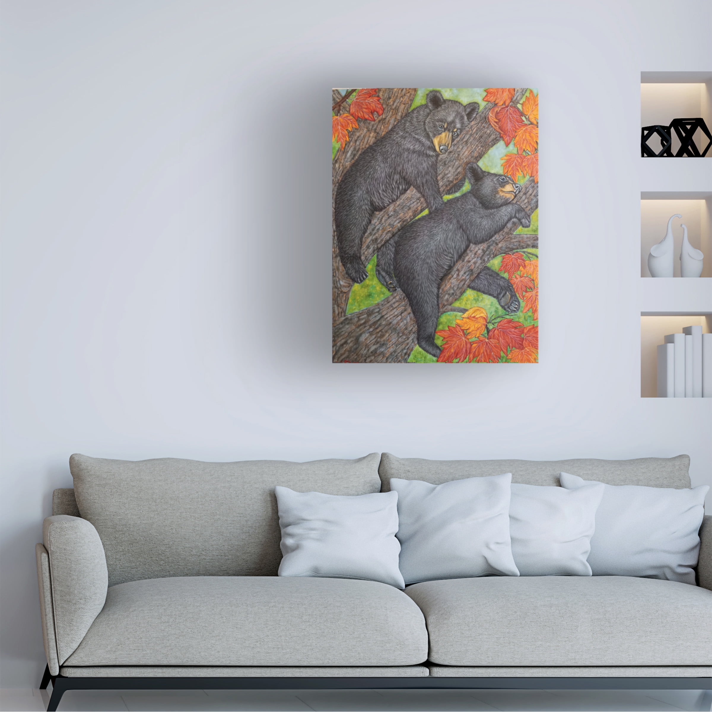 Canvas Wall Art - Sofya Mikeworth 'Black Bear Cubs on a Maple Tree 2' Wall Art for Living Room, Bedroom, or Office DÃ©cor by Trademark Fine Art - 35 x 47 Inches