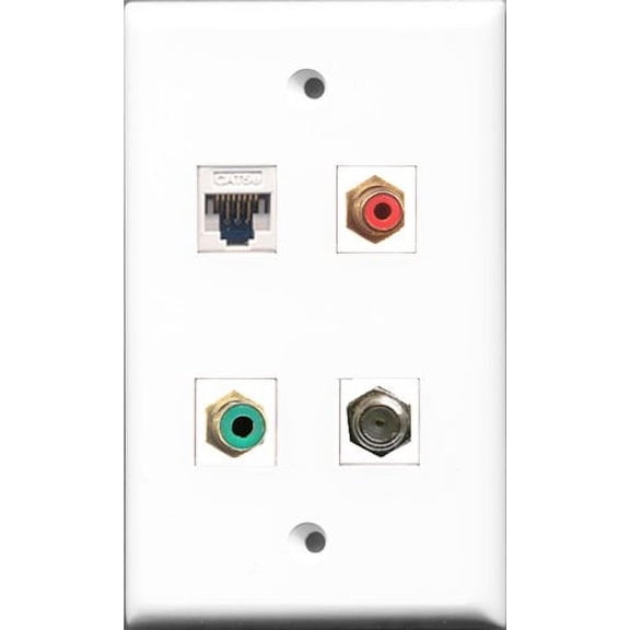 RiteAV 1 Port RCA Red and 1 Port RCA Green and 1 Port Coax Cable TV- F-Type and 1 Port Cat5e Ethernet White Wall Plate