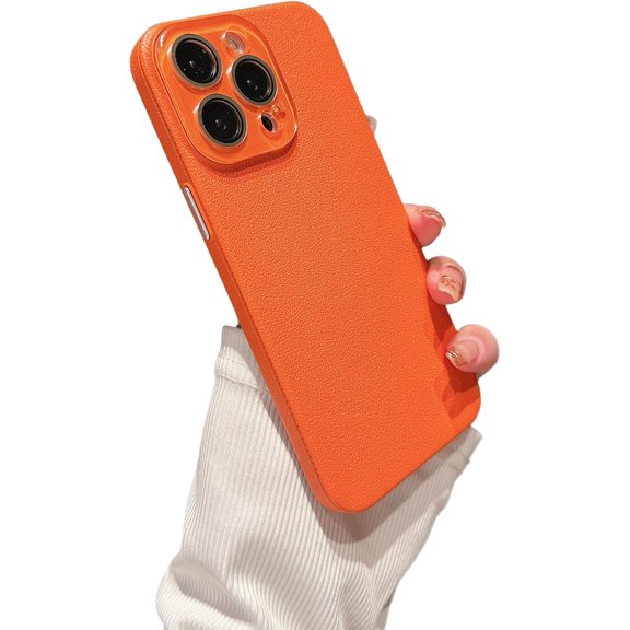 for iPhone 15 Pro Max Case,Solid Color Leather Pattern Full Camera Lens Protection Anti-Fingerprint Compatible with iPhone Case (Light Orange,iPhone 15 Pro Max)