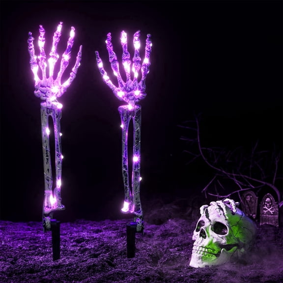 Halloween Skeleton Hand Stakes with LED Lights, 2 Pack Lighted Skeleton Arms Yard Decorations, Battery Operated Waterproof Halloween Graveyard Decor for Outdoor Lawn Garden Pathway