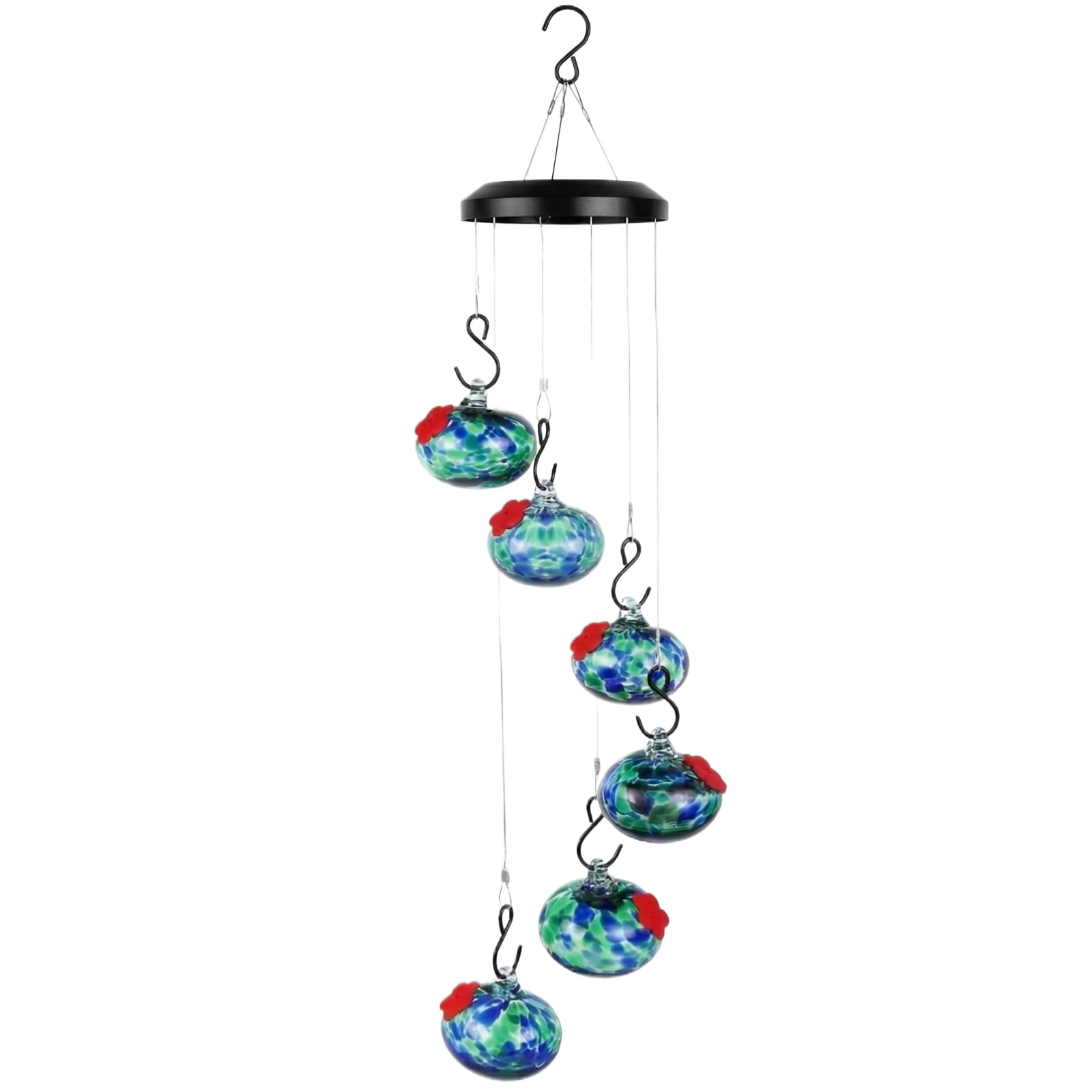 Handblown Glass Hummingbird Feeder Wind Chime with 6 Feeding Stations, Solar Powered Outdoor Hanging Bird Feeder for Garden Yard Decor, Vibrant Leak-Proof Hummingbird Habitat