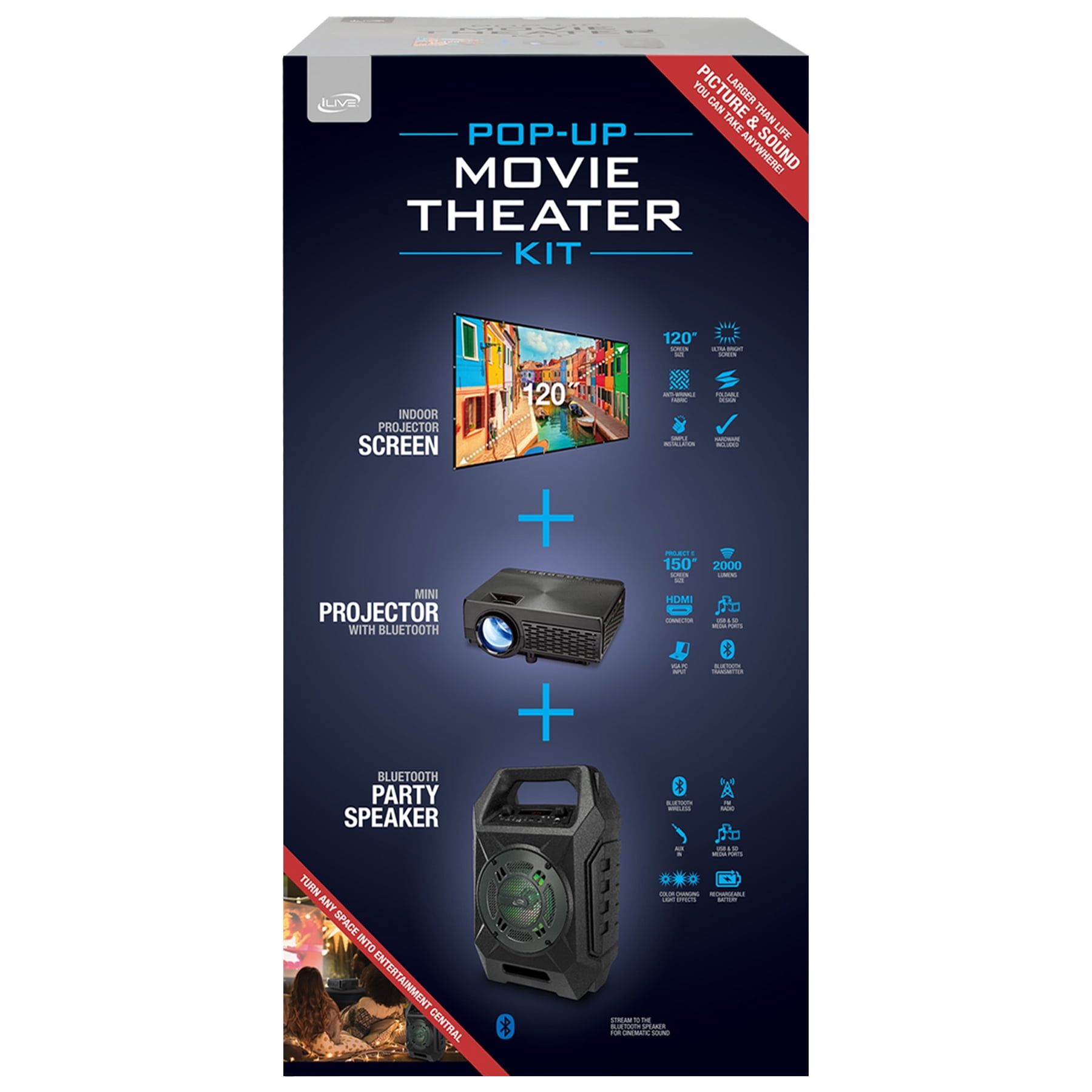 iLive Pop-up Movie Theater Projector Bundle, THE2021BDL,Black