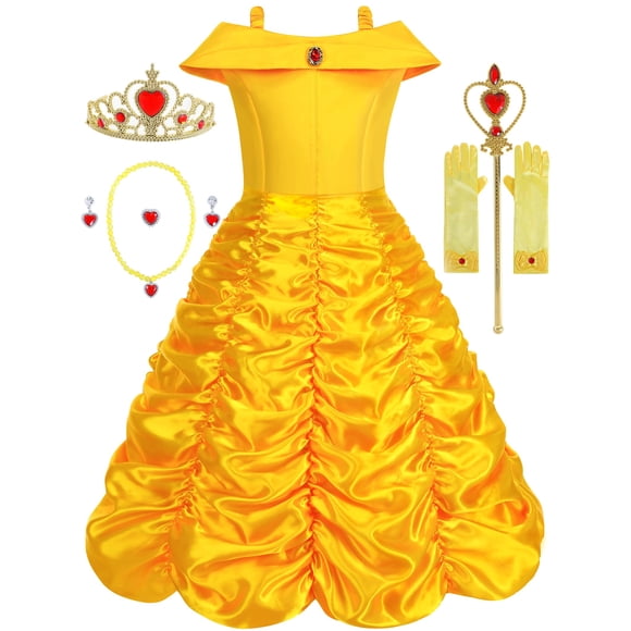 Vestido de princesa Aoiviss para niñas con hombros descubiertos, amarillo y acceso.