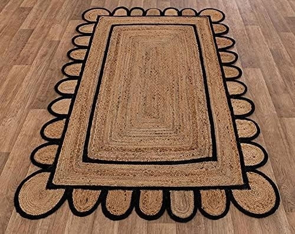 Scalloped Natural Rectangular Jute Rug, Boho Braided Area Rug, Coastal Farmhouse Jute Rug for Kitchen, Patio, Hallway, Entryway,Handcrafted, Eco-Friendly (2 Ft 6 Inch x 8 Ft)