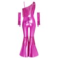 thumbnail image 5 of TiaoBug Kids Girls' Metallic Bell Bottom Jumpsuit Sleeveless One Shoulder One Piece Dance Outfits with Gloves Hot Pink 16, 5 of 6