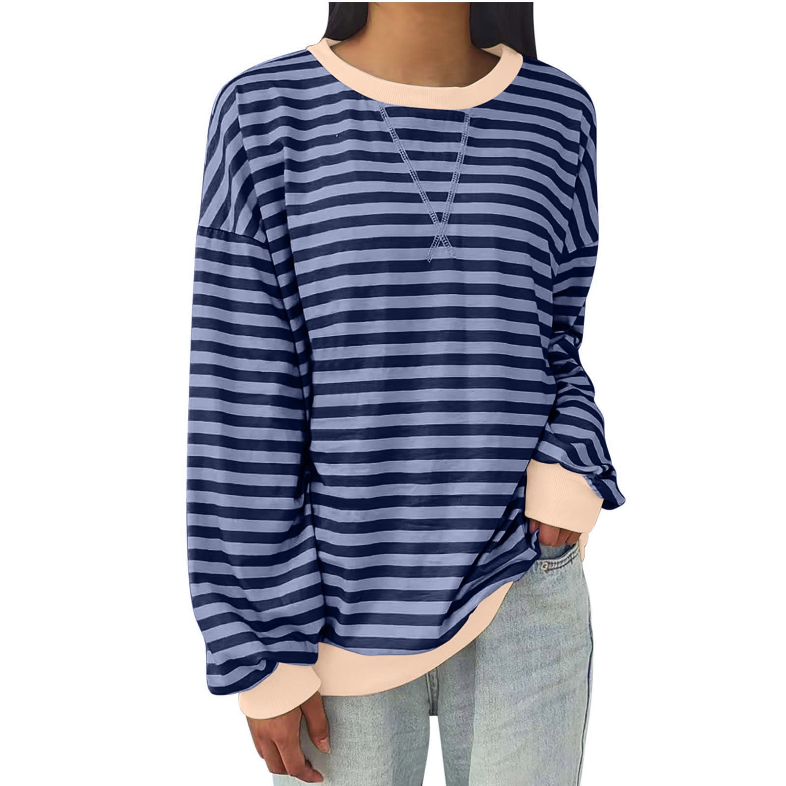 AherBiu Chandail en Molleton Rayé Surdimensionné pour Femmes Manches Longues Chandails en Molleton à Blocs de Couleur Col Rond Chandail Décontracté