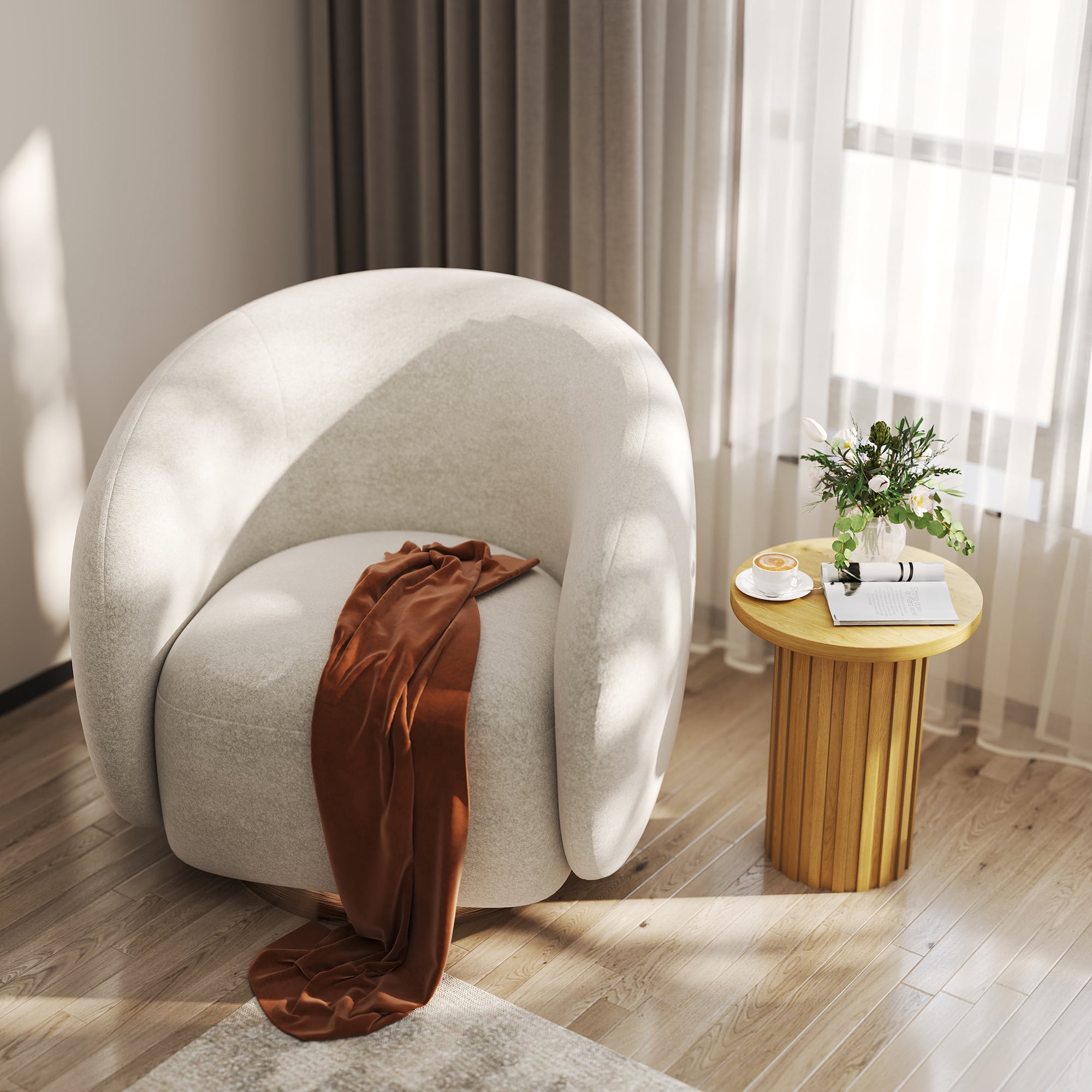 Round Side End Table 22" Tall Fluted Small End Table for Small Spaces, Modern Farmhouse Wooden Accent Table Small Drink Table for Living Room Bedroom(Natural)