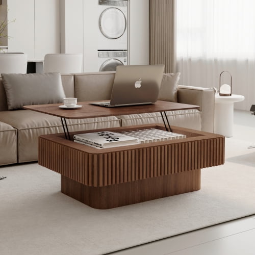 38.6'' Mesa de café de ascensor acanalada con chapa de madera sólida Mesa de té moderna con acento con almacenamiento y altura ajustable para la sala de estar, el dormitorio
