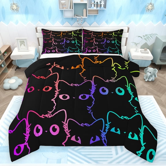 jejeloiu Neon Cartoon Kitten Bedding Comforter Set,Gradient Line Cute Cat Twin Comforter Sets,Kawaii Animal Bedding Set For Girls Teens,Ultra Soft Home Decor Reversible,2pcs
