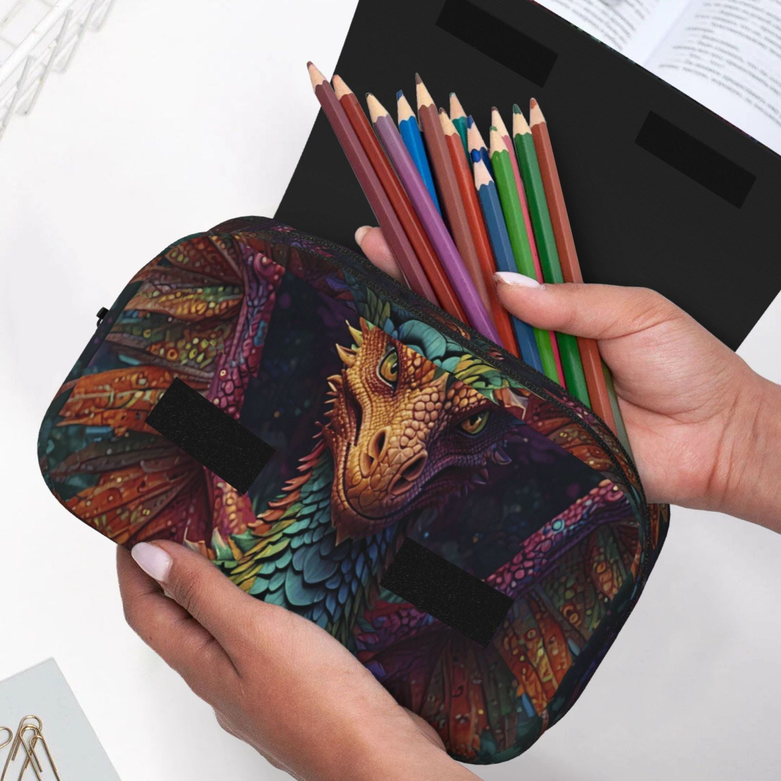 Rateoe Whimsical Dragon Color Cool Pattern Double Clamshell Pen Case, Storage Organizer with Two Zipper Compartments– Holds Up to 50 Pencils & Pens