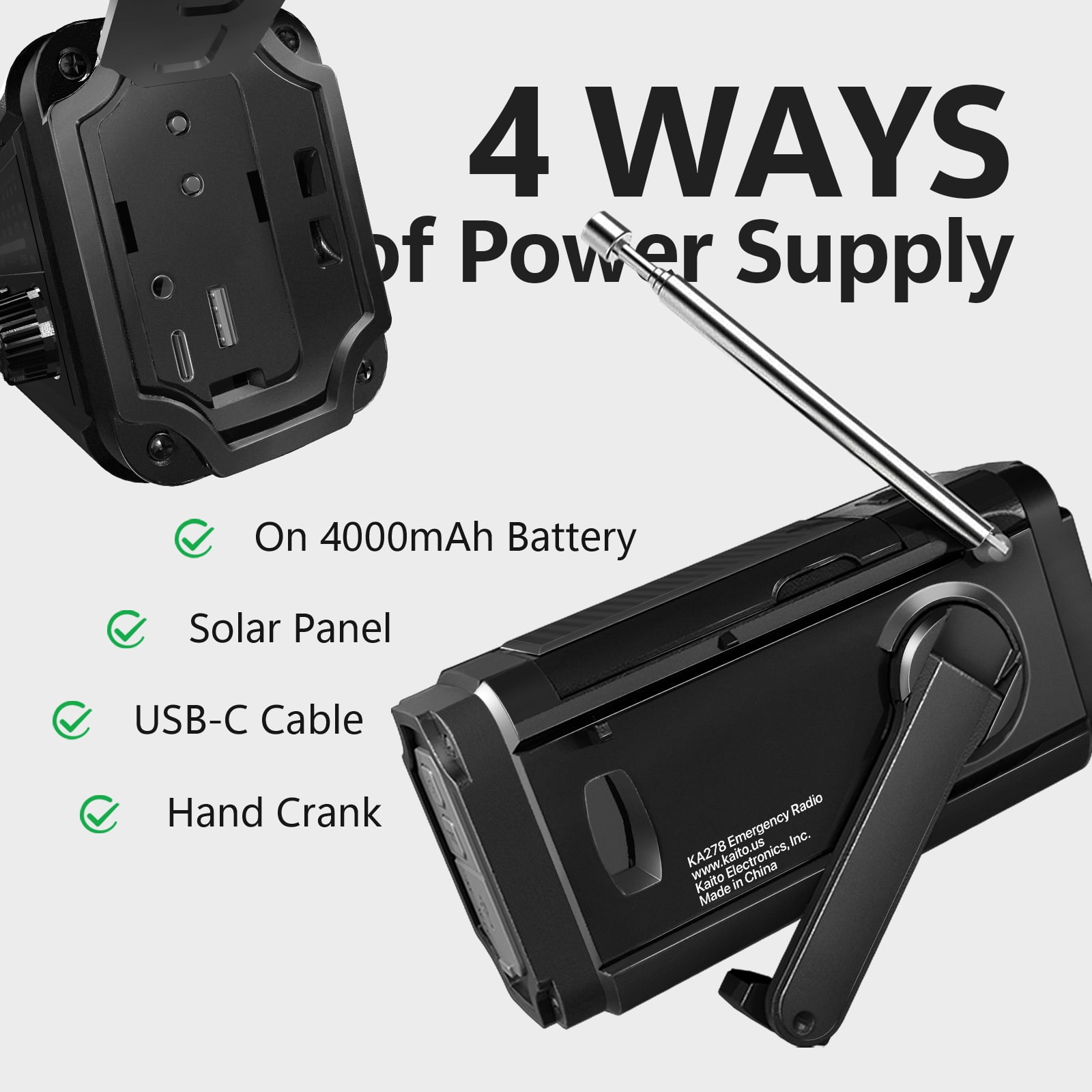 Kaito KA278 Emergency Weather Radio NOAA AM FM 4000mAh Power Bank Solar Crank - Black