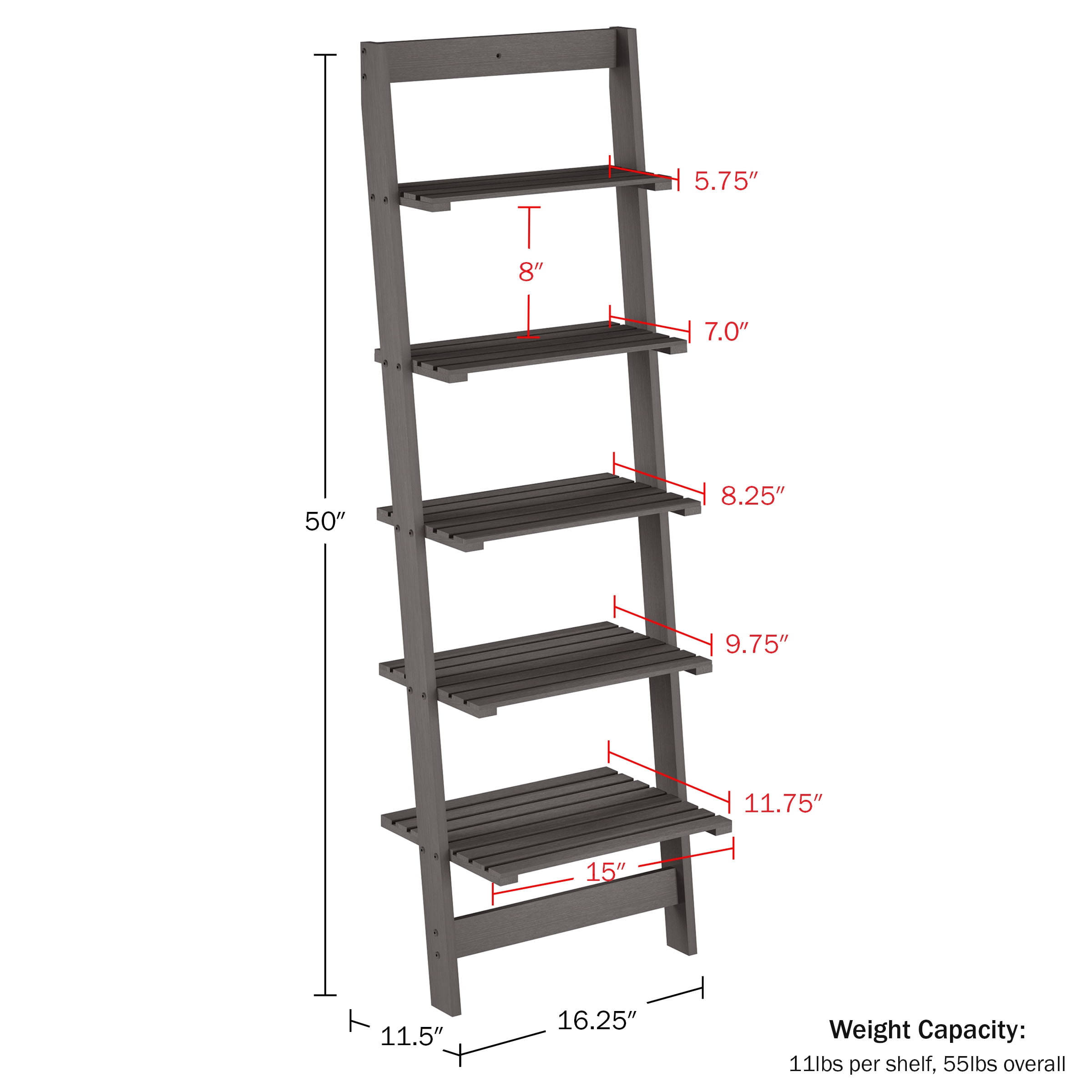 Lavish Home 5-Tier Slatted Wood Leaning Ladder Shelf for Narrow Storage, Wooden Bookcase for Living Room, Bathroom, Kitchen, Office or Bedroom, Gray Finish