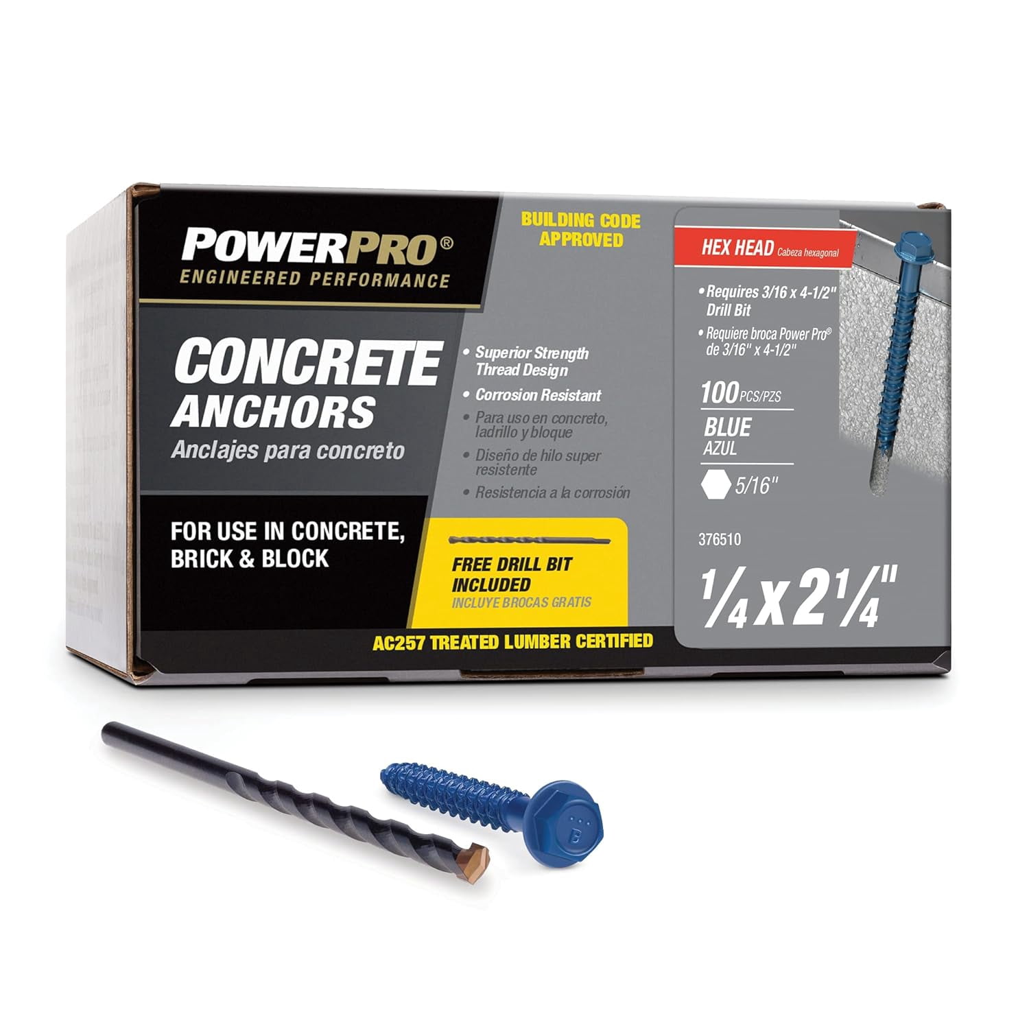 Hillman Fasteners 376510 0.25 x 2.25 in. Power Pro Blue Hex Washer-Head Concrete Screw Anchors - Blue