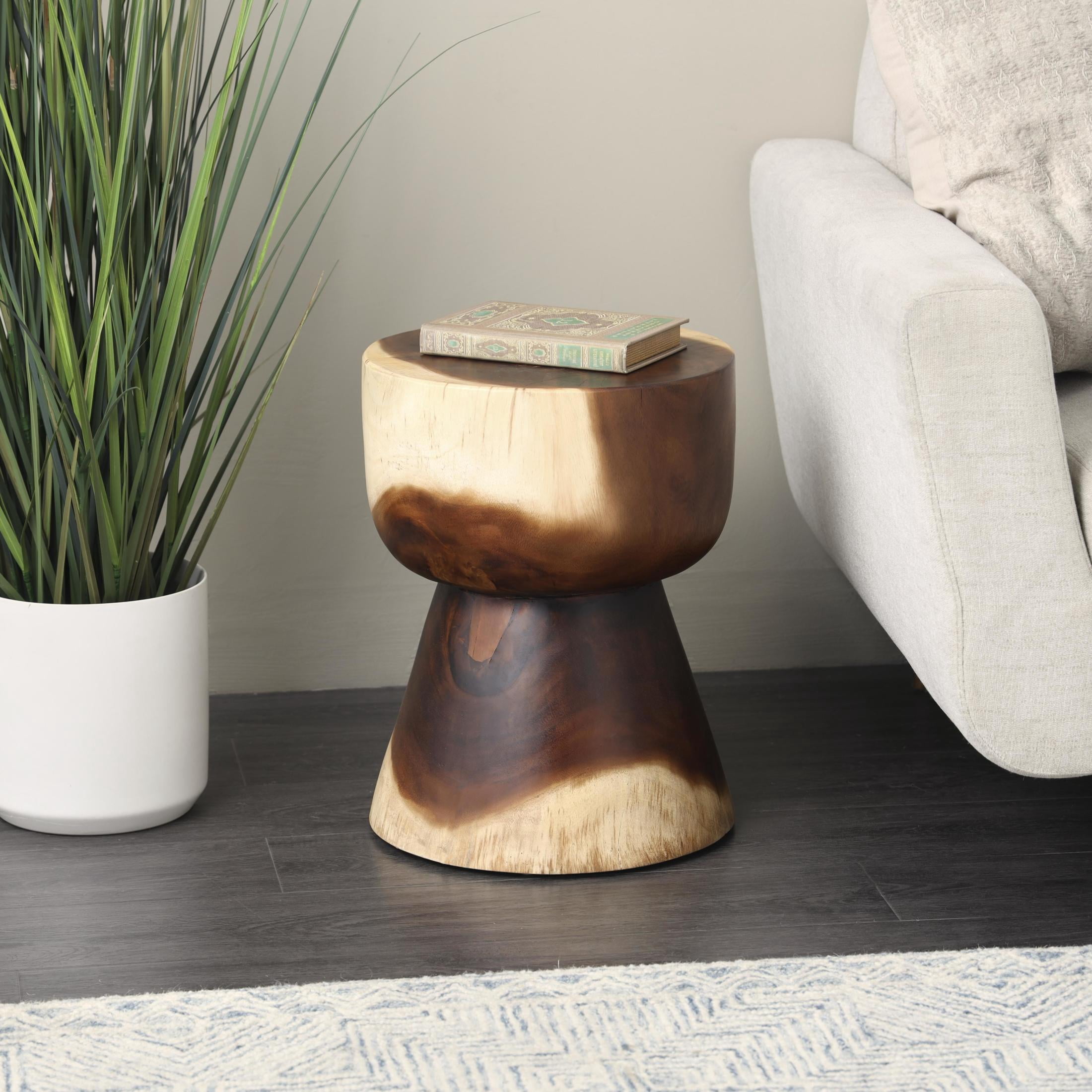 DecMode 14" x 18" Brown Wood Handmade Hourglass Accent Table with Natural Wood Grain, 1-Piece