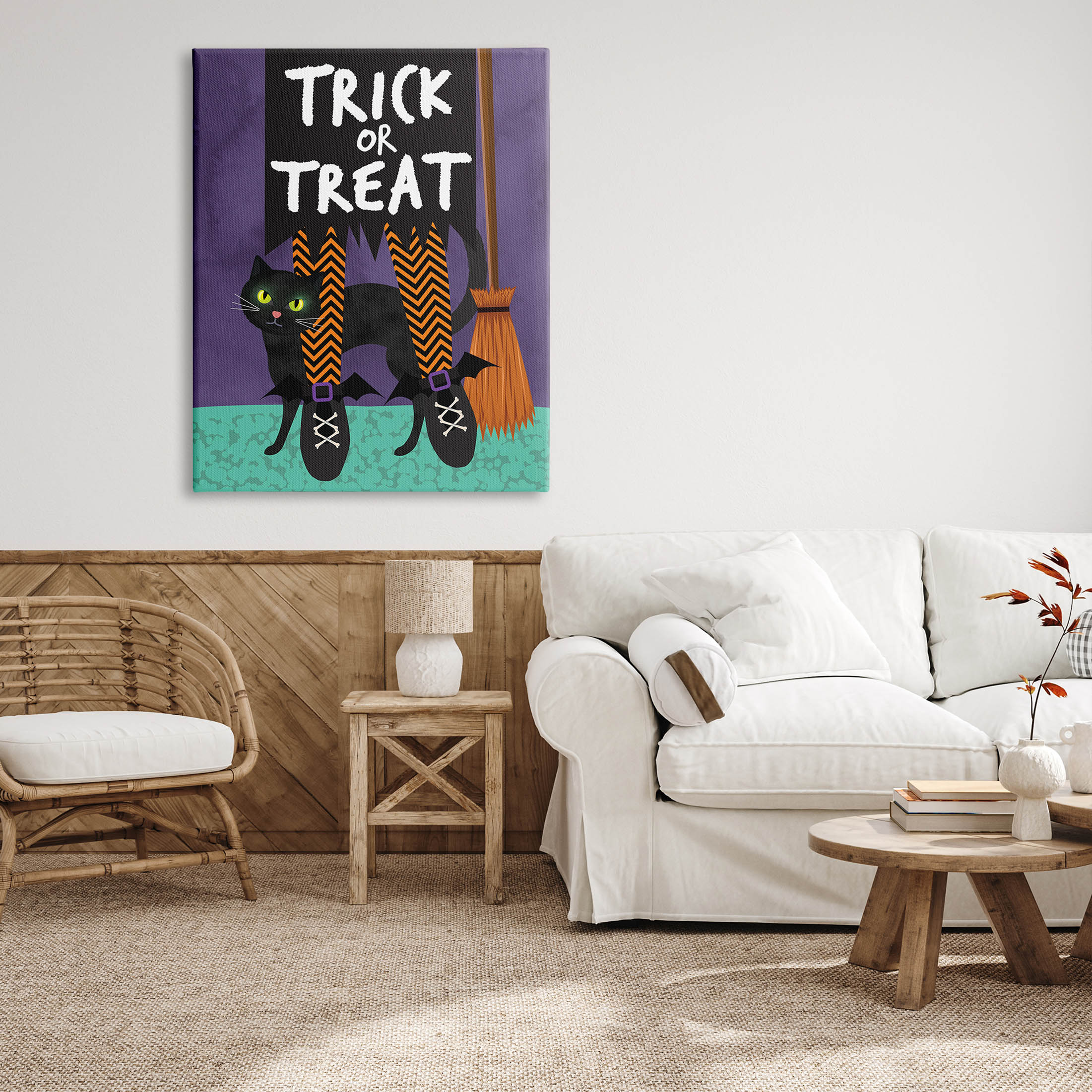 Stupell Industries Trick or Treat Cat & Witch Graphic Art Gallery Wrapped Canvas Print Wall Art, Design by Linda Birtel