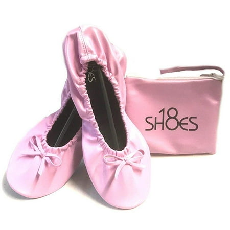 Shoes8teen Women's Foldable Portable Travel Ballet Flat Shoes w/Matching Carrying Case (7/8 Pink