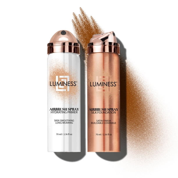 LUMINESS Silk Airbrush Spray Foundation & Primer Kit - Base de completa Fórmula antienvejecimiento hidrata e hidrata con ácido hialurónico aloe vera y seda hidrolizada (sombra - oscuro profundo)