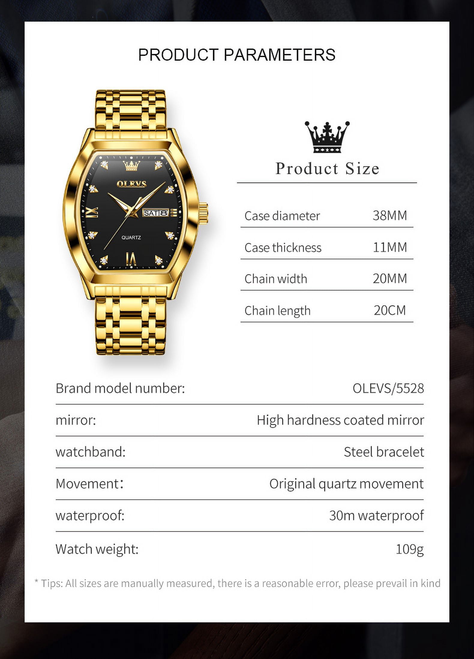 OLEVS Mens Watches Square Business Dress Diamond Analog Quartz Date Luxury Watches for Men Dress Casual Stainless Steel Waterproof Luminous Mens Wrist Watches Gifts Reloj para Hombre Gold/Black Dial