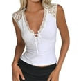 thumbnail image 2 of Women'S Deep V Neck Lace Tank Top Summer Sleeveless Low Cut Shirt Tie Front Cropped Shirt White S, 2 of 7