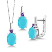 Gem Stone King 4.68 Ct Green Turquoise Purple Amethyst 925 Sterling Silver Pendant and Earrings Jewelry Set