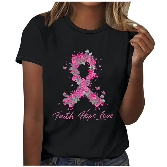 Oplxuo Breast Cancer Shirts Women Pink Ribbon Shirt Breast Cancer Awareness T-Shirt Short Sleeve Crewneck Loose Tee Tops