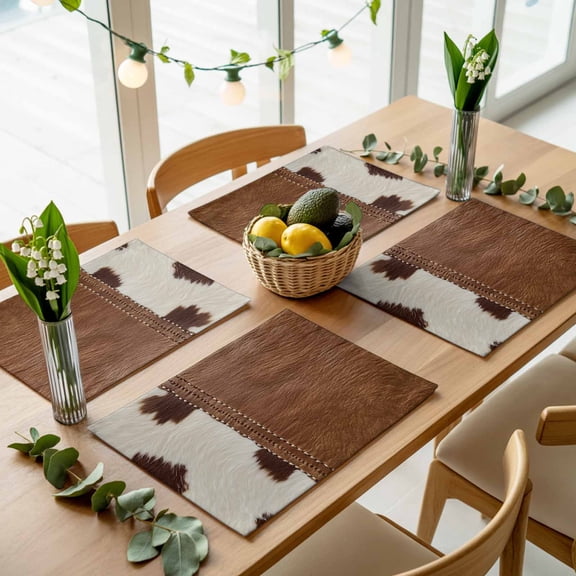 Western Cow Leather Texture Placemats Set of 4,Wipeable Washable Table Mats for Dining Tables, Abstract Brown White Cow Print Place Mats for Kitchen Event Party Tabletop Decor