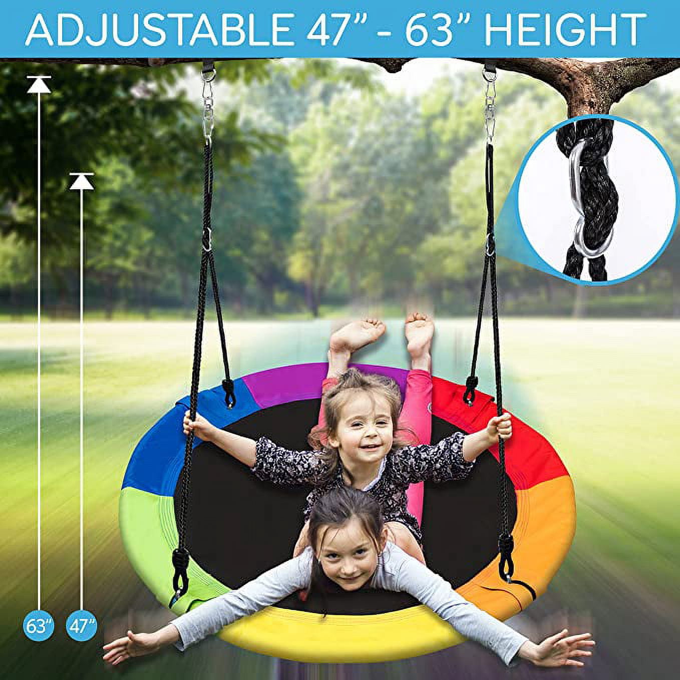 SereneLife Saucer Swing with Hang Kit, Outdoor Tree Swing with Swivel Spinner for Kids (Rainbow)