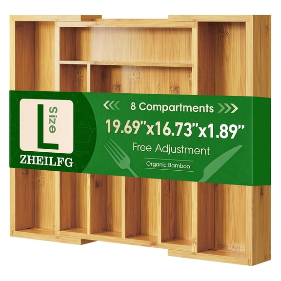 ZHEILFG Wood Bamboo Kitchen Drawer Organizer, Expandable Kitchen Cutlery Storage Tray, 8 Slots