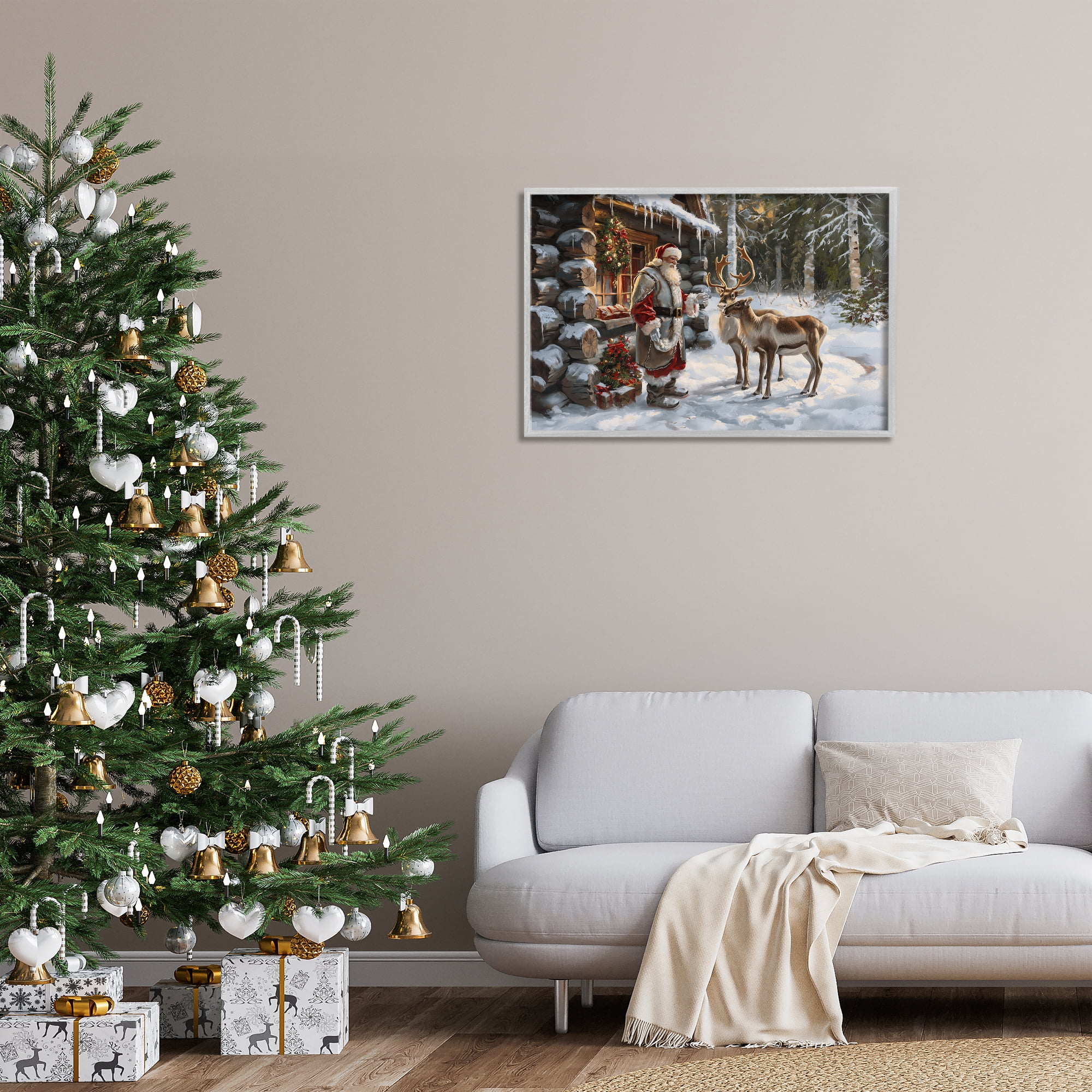Stupell Industries Santa's Cabin with Reindeer Holiday Painting Gray Framed Art Prints Wall Art, 30 x 20
