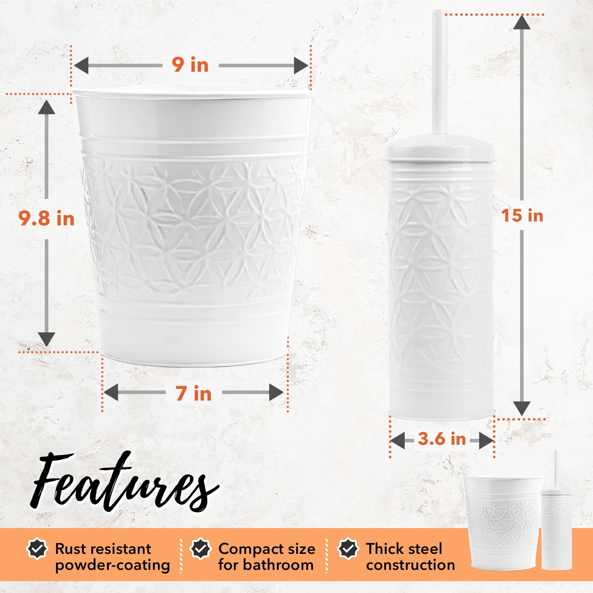 Autumn Alley 2-Piece White Metal Bathroom Set – Trash Can and Toilet Brush with Holder, Farmhouse Embossed Design