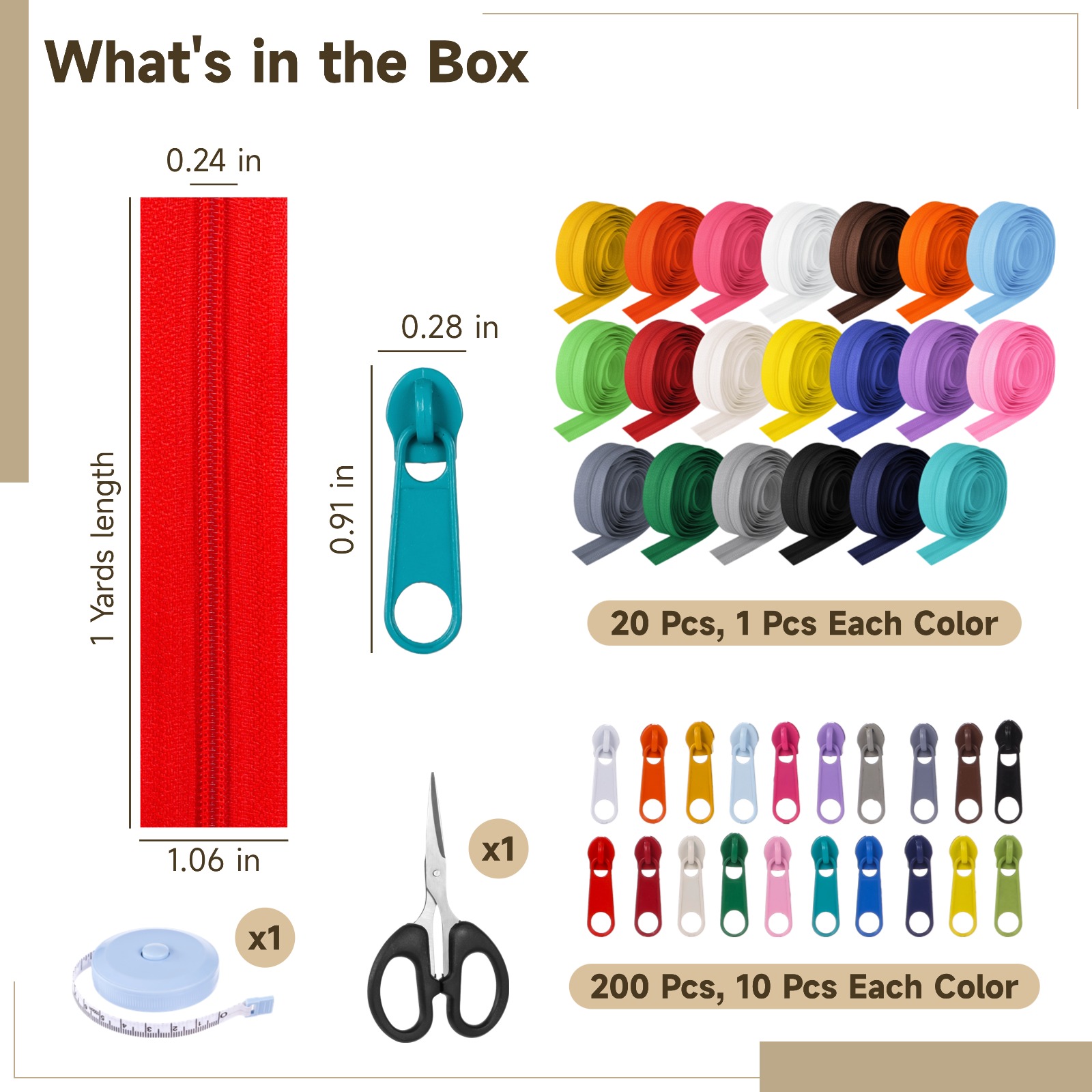 20 Yards 20PCS Sewing Zippers, 20 Assorted Colors, Nylon Coil Zippers with 200 Zipper Sliders, Scissors, and Tape, Complete Zipper Repair Kit for DIY Sewing, Crafts, Bags, Cushions