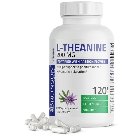Bronson L-Theanine 200mg (Double-Strength) with Passion Flower Herb - Reducing Stress - Non-GMO Gluten Free, 120 Capsules