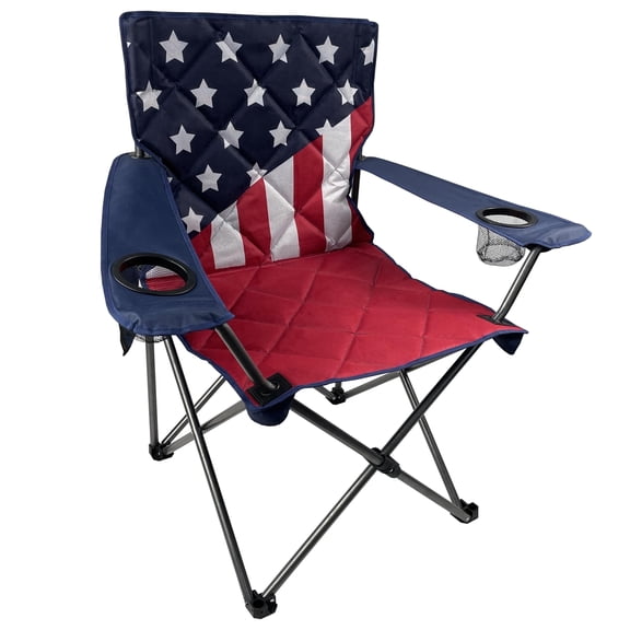 Black Sierra XL American Flag Camping Chair – Oversized Patriotic Foldable Outdoor Seat with Padding, Dual Cup Holders, Supports 300 lbs
