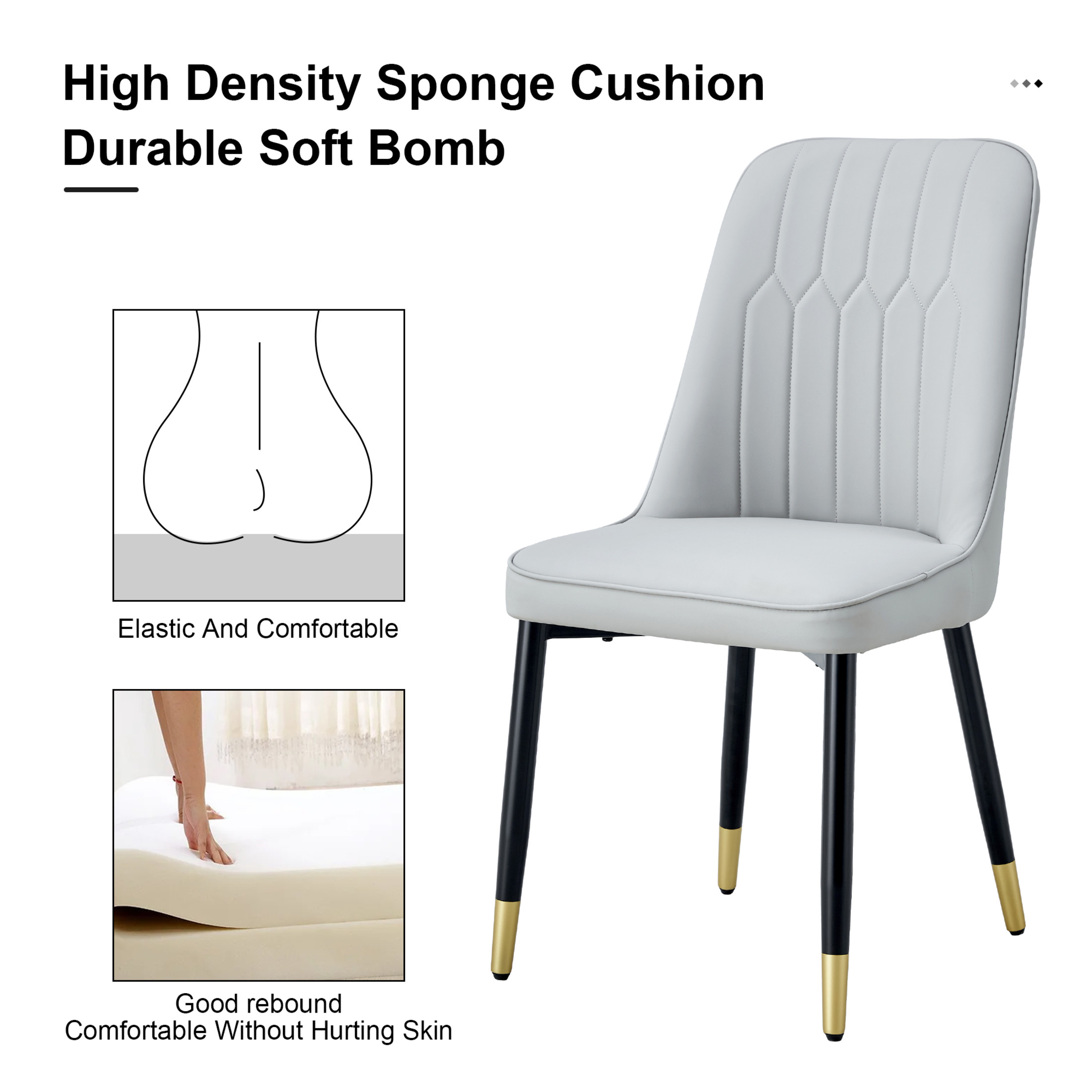 Noble House 35" Modern Dining Chairs, Thick Padded PU Leather Seat & Back Side Chairs, Metal Legs, Light Gray, Set of 2