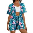 thumbnail image 2 of Womens 2 Piece Hawaiian Beach Outfits Short Sleeve Cardigan Blouses Tops and Drawstring Shorts Set Summer Beach Vacation Beachwear, 2 of 7
