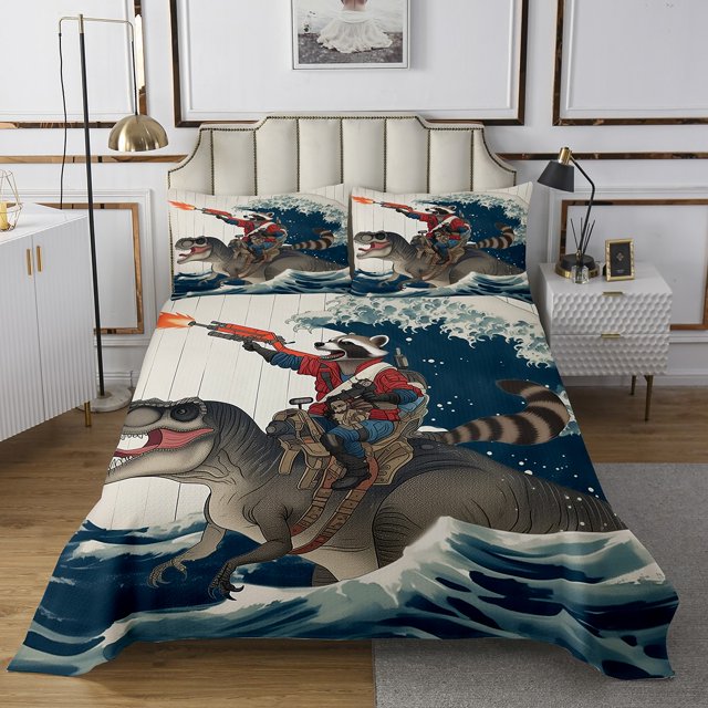 Erosebridal Raccoon Riding Dinosaur Coverlet Set King,Japanese style Bedding Set,Ocean Bedroom Decor,Ultra Soft,3 Pieces