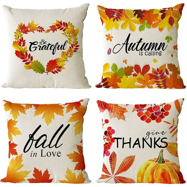 Set of 4 Fall Pillow Covers 20x20 Inch Thanksgiving Autumn Maple