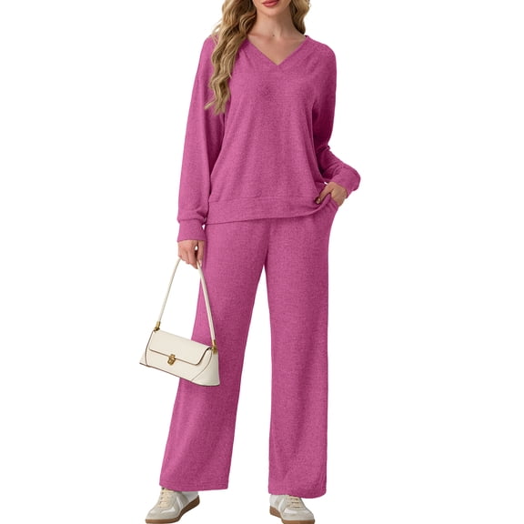 Cueply Lounge Sets for Women 2 Piece Outfits Fall Long Sleeve Knit Sweater Top Wide Leg Pants Loungewear Winter Matching Set