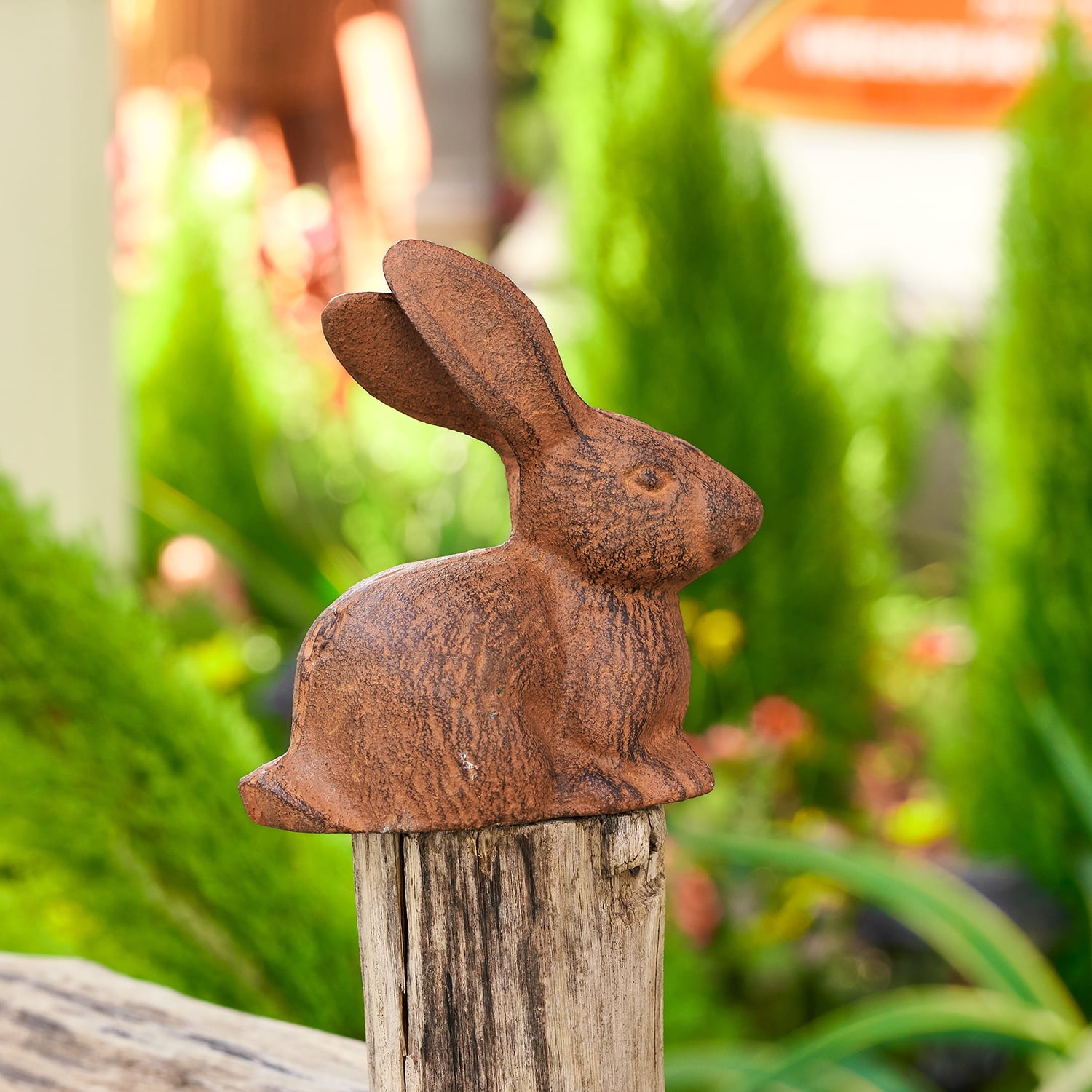 Sungmor Cast Iron Rabbit Statue,Rustic Rust Heavy Duty Animal Collection Sculpture, Paperweight, Doorstop, Adorable Garden Figurine - Long-Eared Rabbit Statue