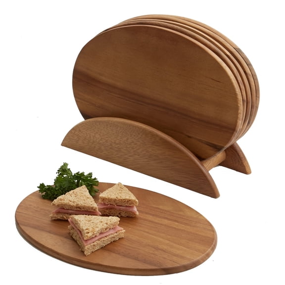 Woodard & Charles 6 Acacia Wood Serving Boards with Stand, Perfect for Serving, Sushi, Cheese, Hors D'Oeuvre, Charcuterie, Sandwiches, 7 Piece Set, 9 1/2" x 6 1/2" Brown 9 1/2" x 6 1/2"