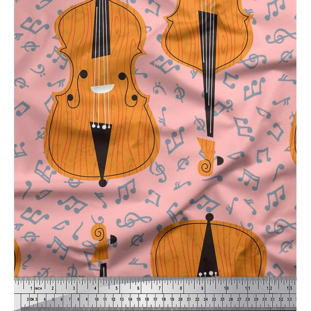Soimoi Pink Cotton Poplin Fabric Notes & Violin Musical Instrument Print Sewing Fabric Yard 56 Inch Wide