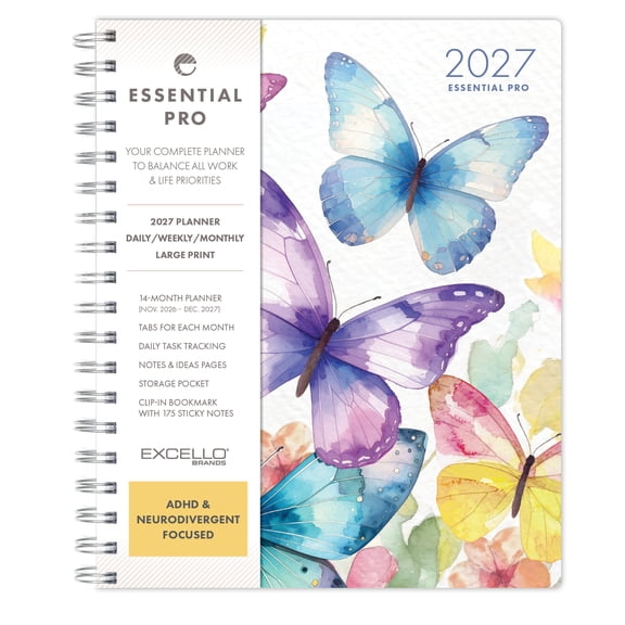 Excello Essential Pro 2027 Weekly & Monthly Planner, 7" x 9", 14-Month Calendar Nov 2026-Dec 2027, Monthly Tabs, Notes Pages, Storage Pocket, Bookmark & Sticky Notes, Watercolor Butterflies