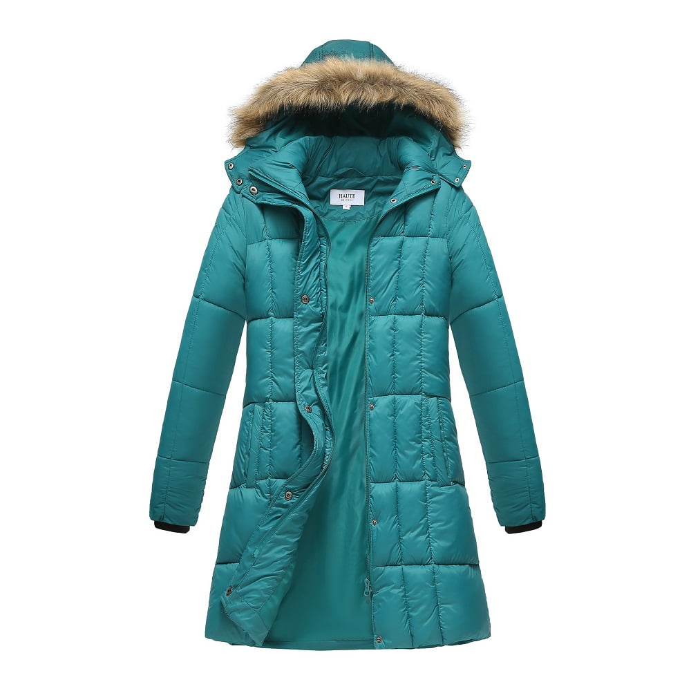 Haute Edition Womens Mid Length Puffer Parka Coat With Faux Fur Lined Hood