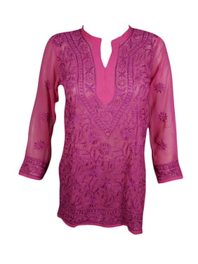 Mogul Womens Beautiful Dark Pink Floral Hand Embroidered Tunic Blouse Long Sleeves Georgette Sheer Kurti Cover Up Top Dress XS